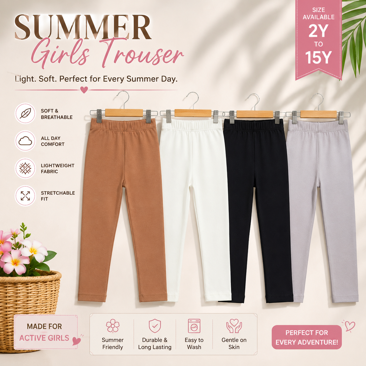 Summer Girls Trouser Fabric 95%Cotton 5%Spendex 4Pcs Combo Pack